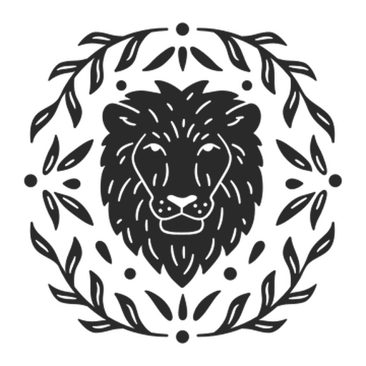 Cabeza de león en una corona de laurel. Diseño PNG
