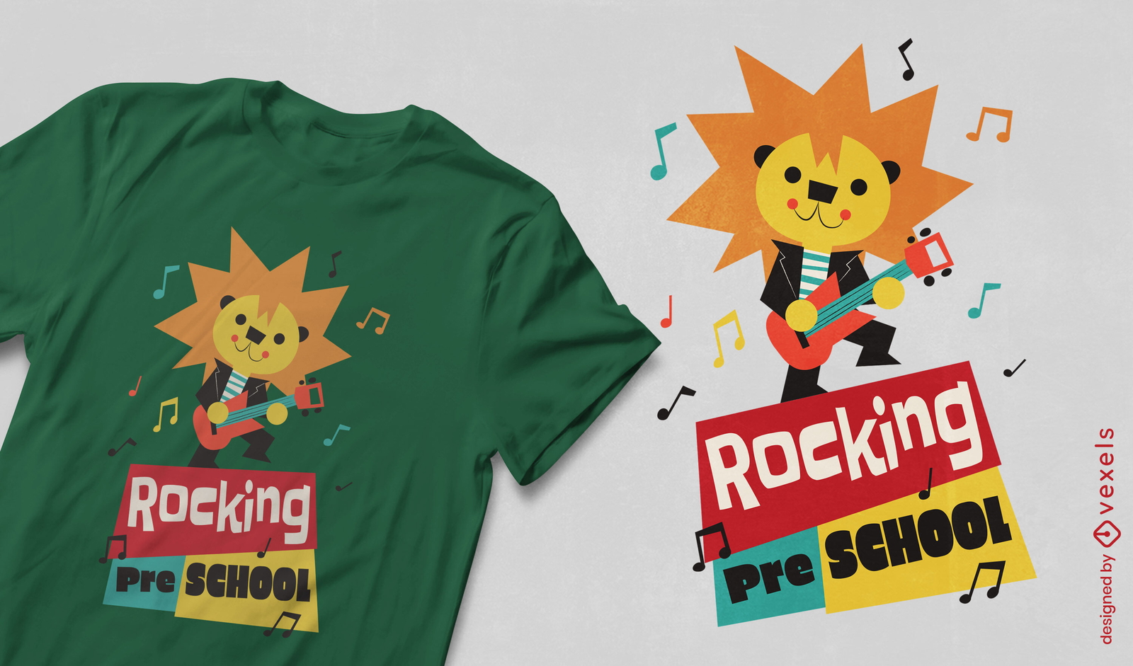 Diseño de camiseta de guitarrista de león preescolar oscilante