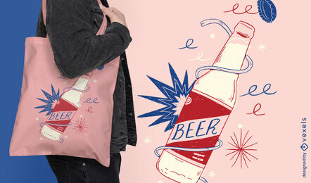 Diseño de bolsa de asas de comida de garabato de botella de cerveza