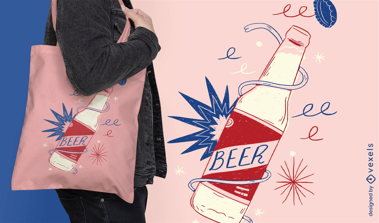 Beer bottle doodle food tote bag design