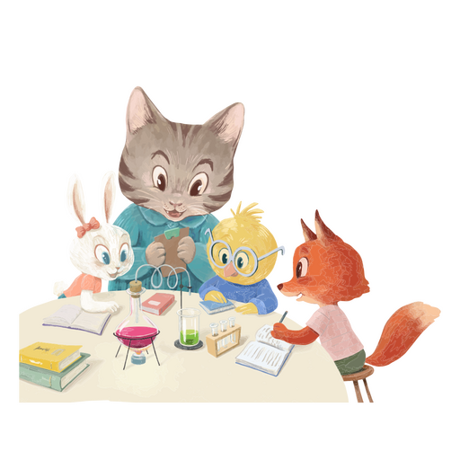 Group of animals studying sitting around a table PNG Design