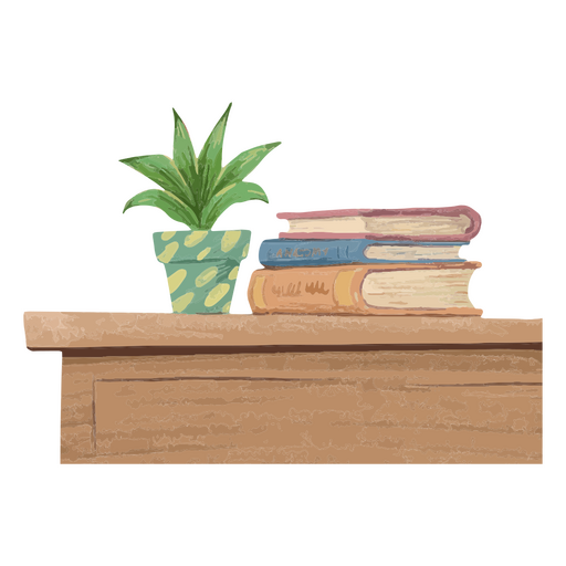 Books on a shelf with a potted plant PNG Design