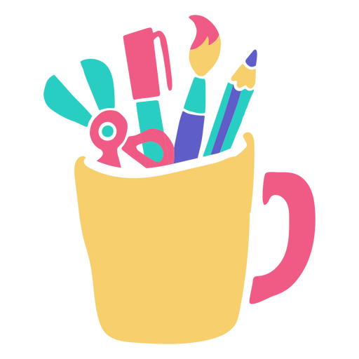 Taza con lápiz, tijeras y crayones. Diseño PNG