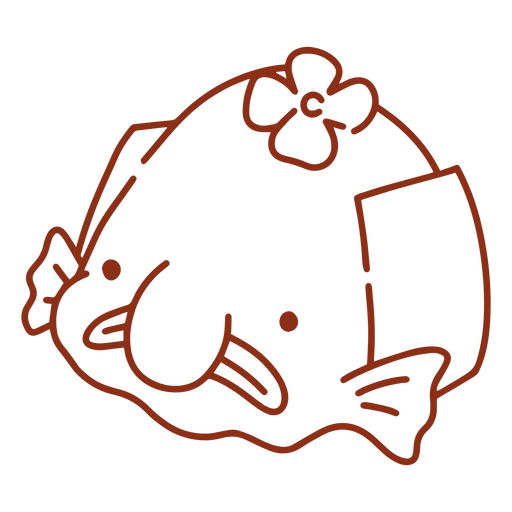 Caricatura de un pez con una flor en la cabeza. Diseño PNG