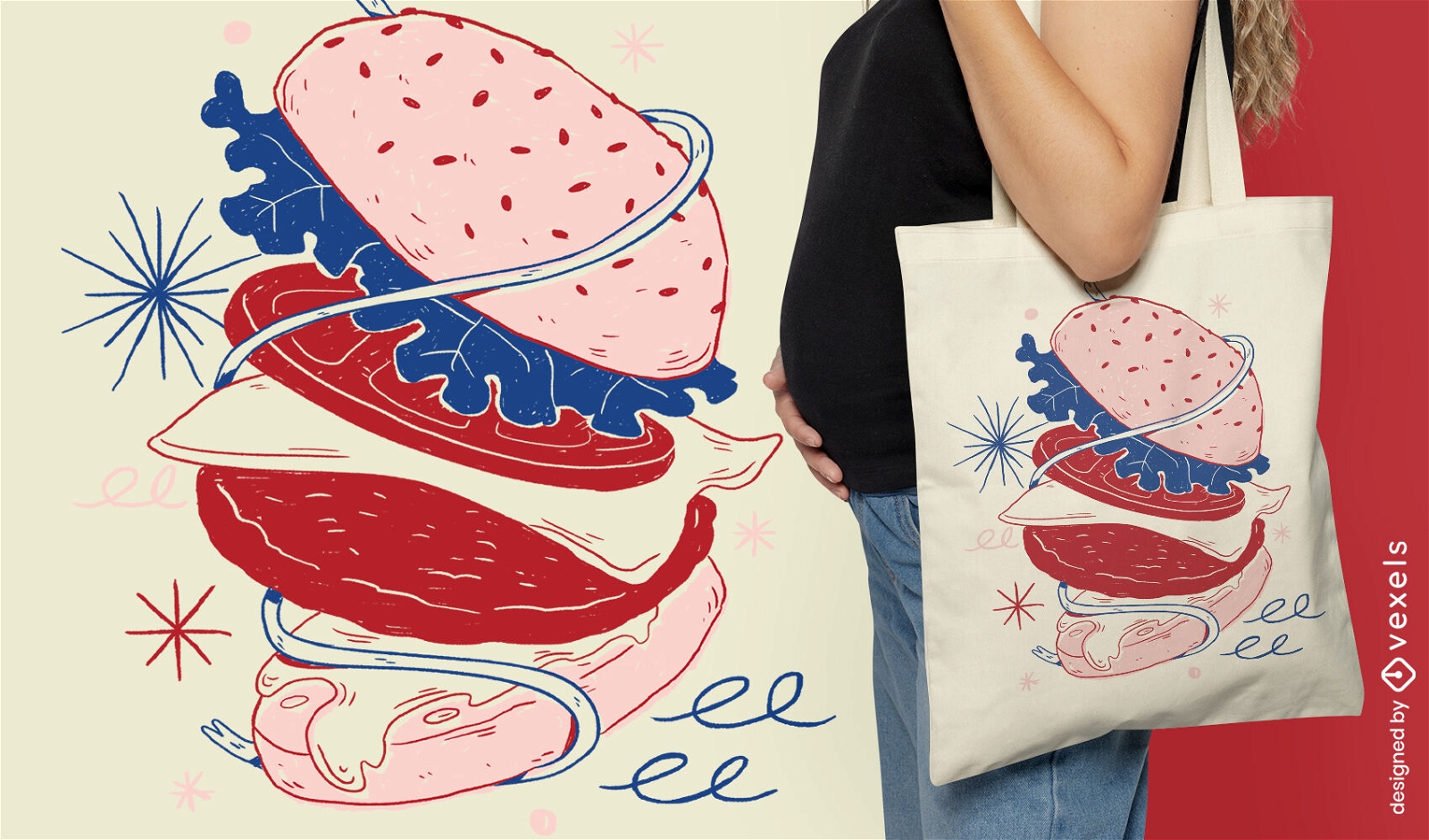 Hamburger-Doodle-Lebensmittel-Einkaufstasche-Design