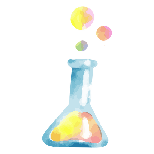 Watercolor illustration of a flask with colorful bubbles PNG Design