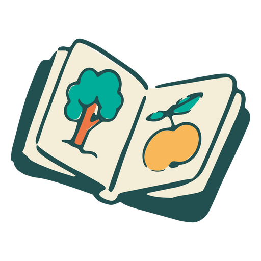 Libro abierto con una manzana y un ?rbol. Diseño PNG