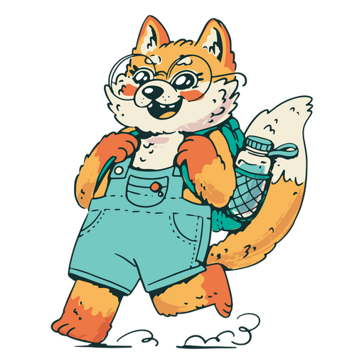 Cartoon fox wearing overalls and carrying a water bottle PNG Design