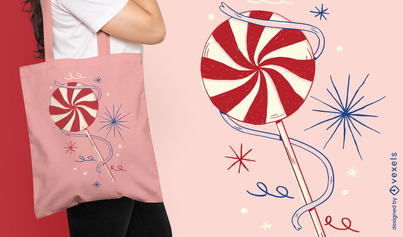 Diseño de bolsa de asas de comida de doodle de caramelo de piruleta