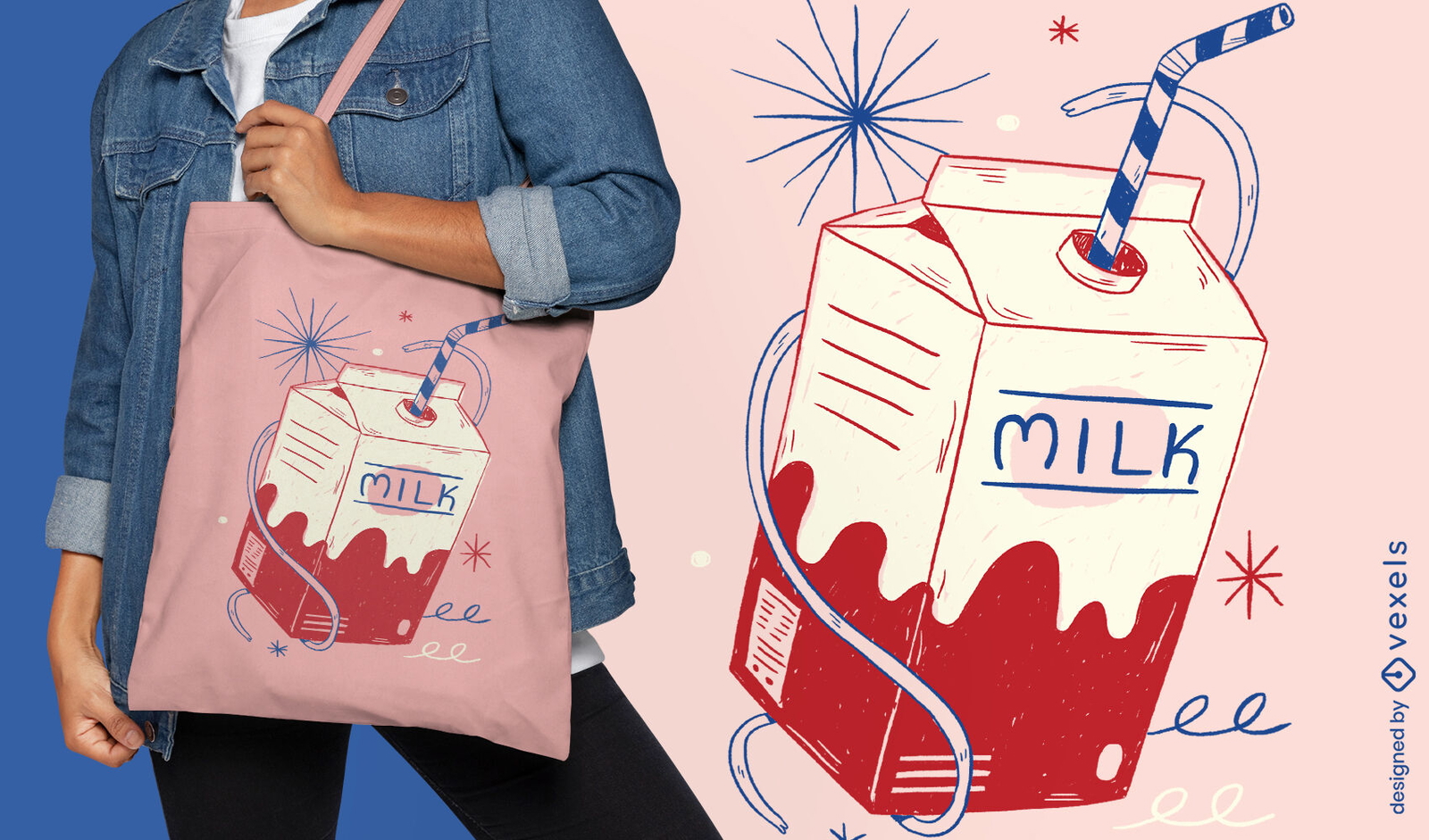 Diseño de bolsa de asas de comida de doodle de bebida de leche