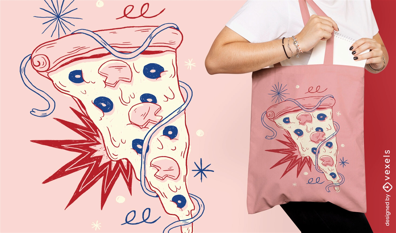 Diseño de bolsa de asas de comida de doodle de rebanada de pizza
