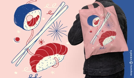 Diseño de bolsa de asas de comida de garabato japonés de sushi