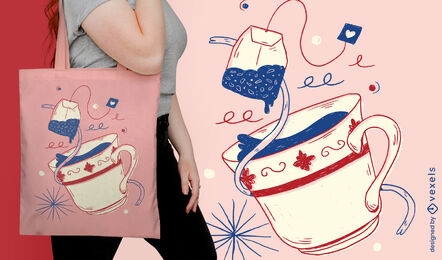 Diseño de bolsa de asas de comida de doodle de bebida de té