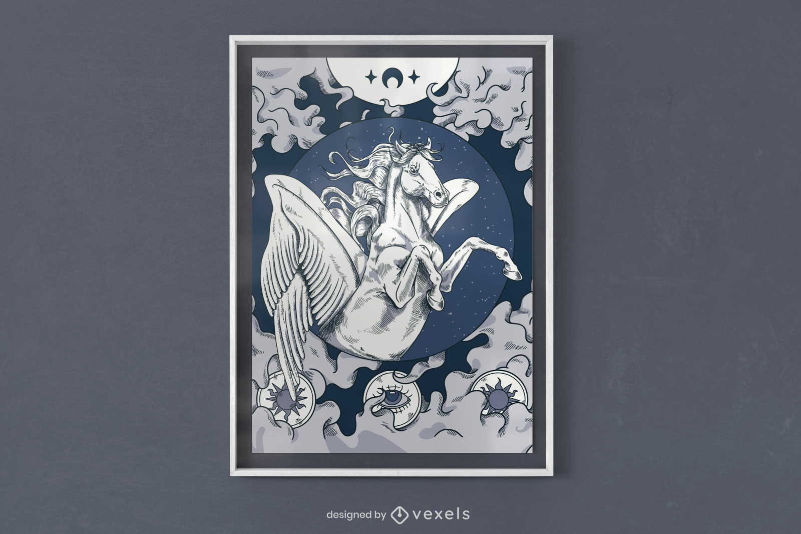 Himmlisches Plakatdesign für weiße Pferde