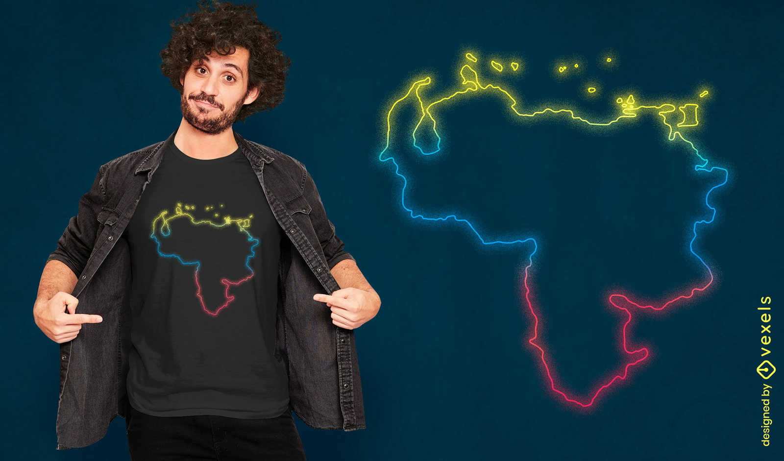 Diseño de camiseta de mapa de neón venezolano.