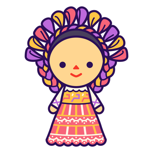 Cartoon girl in a traditional dress and colorful hairdo PNG Design