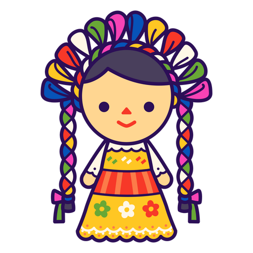 Cartoon girl in a traditional dress and colorful braids PNG Design
