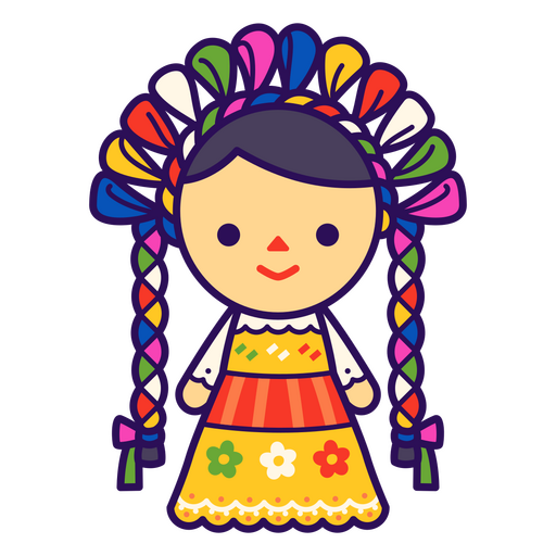 Niña de dibujos animados con un vestido tradicional y trenzas coloridas. Diseño PNG