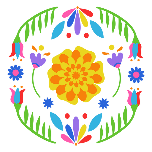Colorido diseño floral mexicano con hojas. Diseño PNG