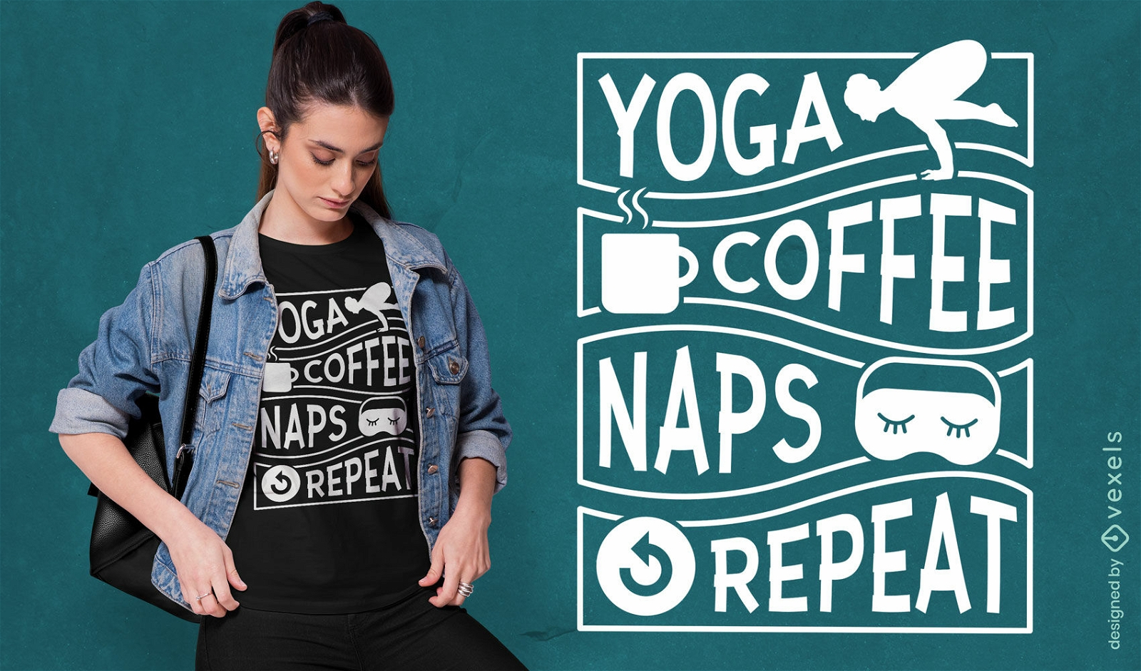 Dise?o de camiseta con cita de caf? y siestas de yoga.