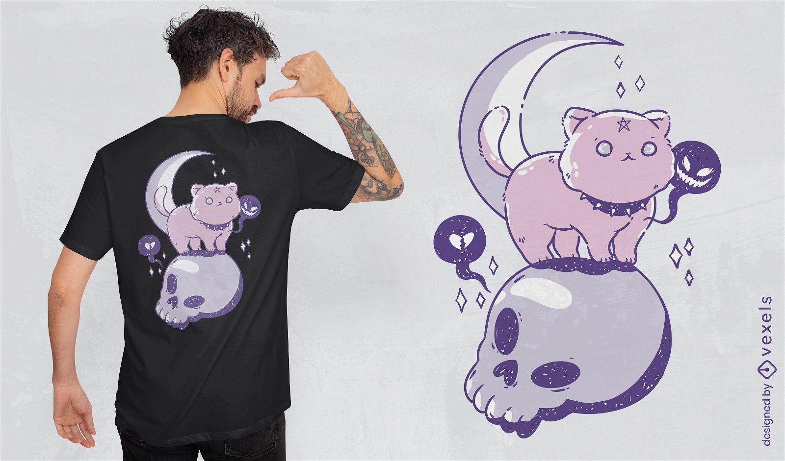 Animal de gato gótico no design de t-shirt de caveira