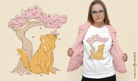Dog with sakura tree t-shirt design