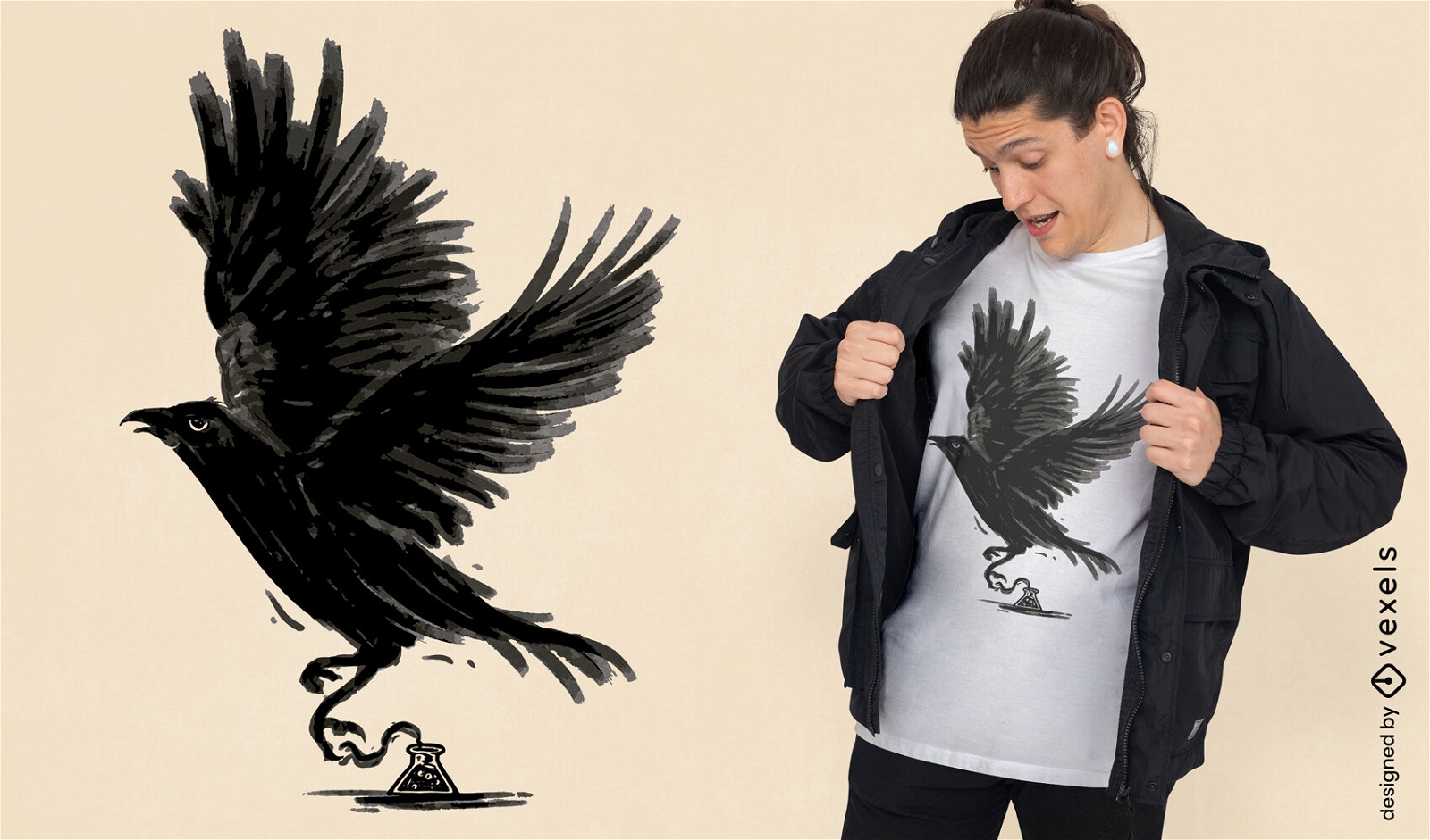 Diseño de camiseta de pájaro cuervo de tinta