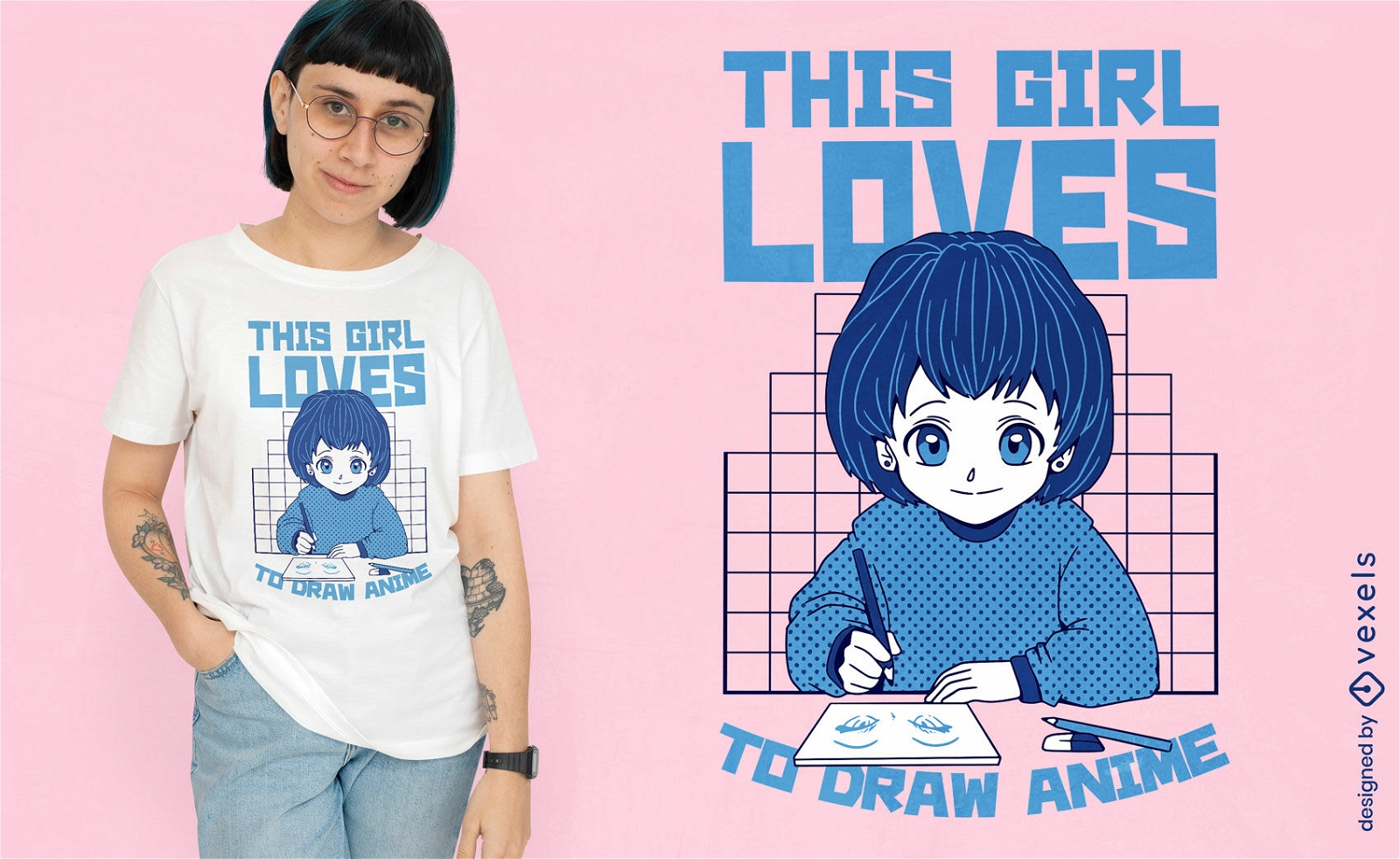 M?dchen, das Anime-T-Shirt-Design zeichnet
