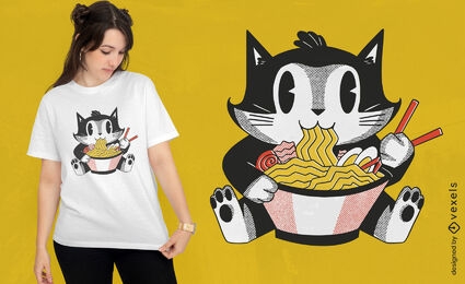 Gato comiendo ramen diseño de camiseta de dibujos animados retro