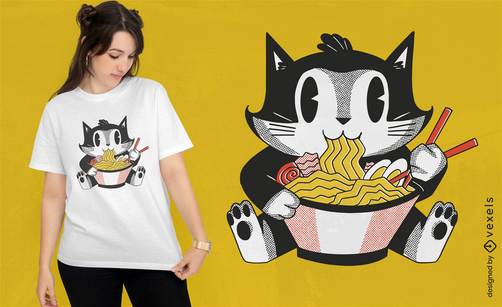 Gato comendo design de t-shirt de desenho retrô de ramen