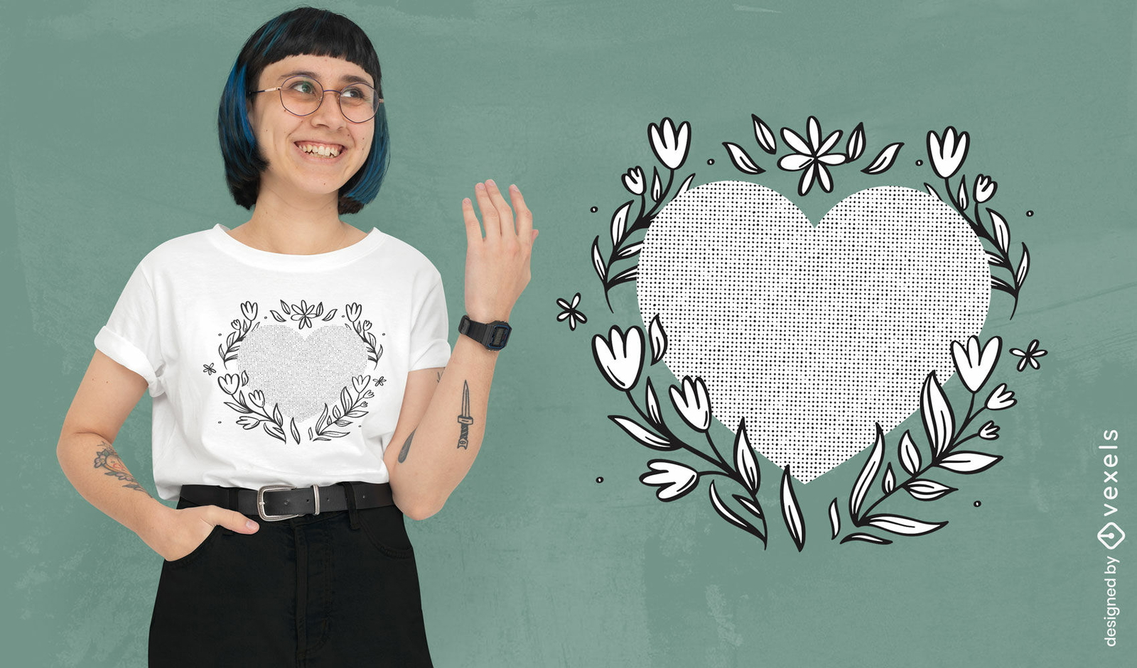 Lindo diseño de camiseta de corazón y flores.