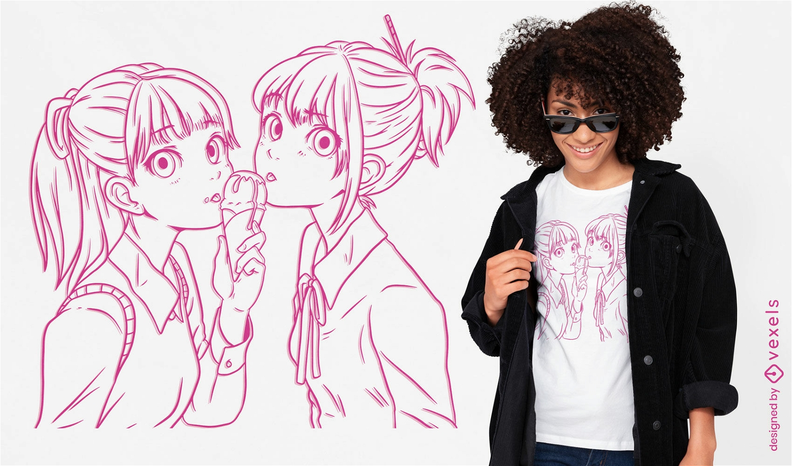 Anime-Mädchen, die Eiscreme-T-Shirt Design essen
