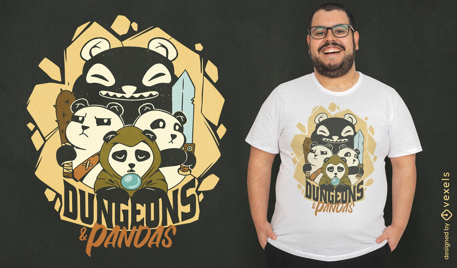 Diseño de camiseta de mazmorras y pandas.