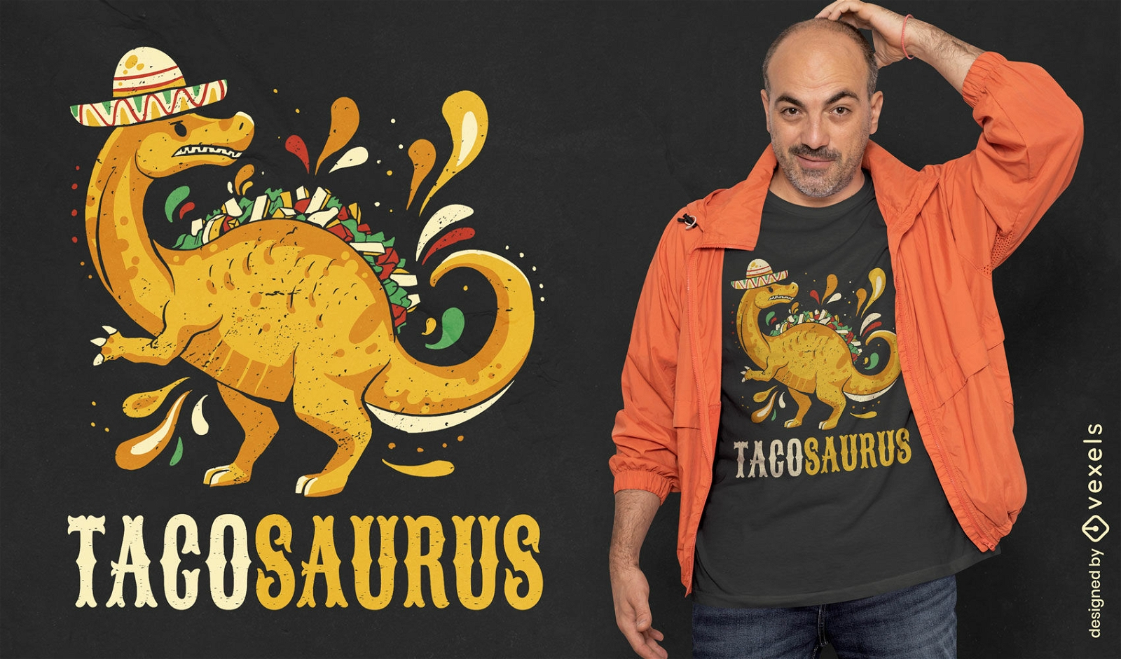 Diseño de camiseta de dinosaurio taco mexicano.