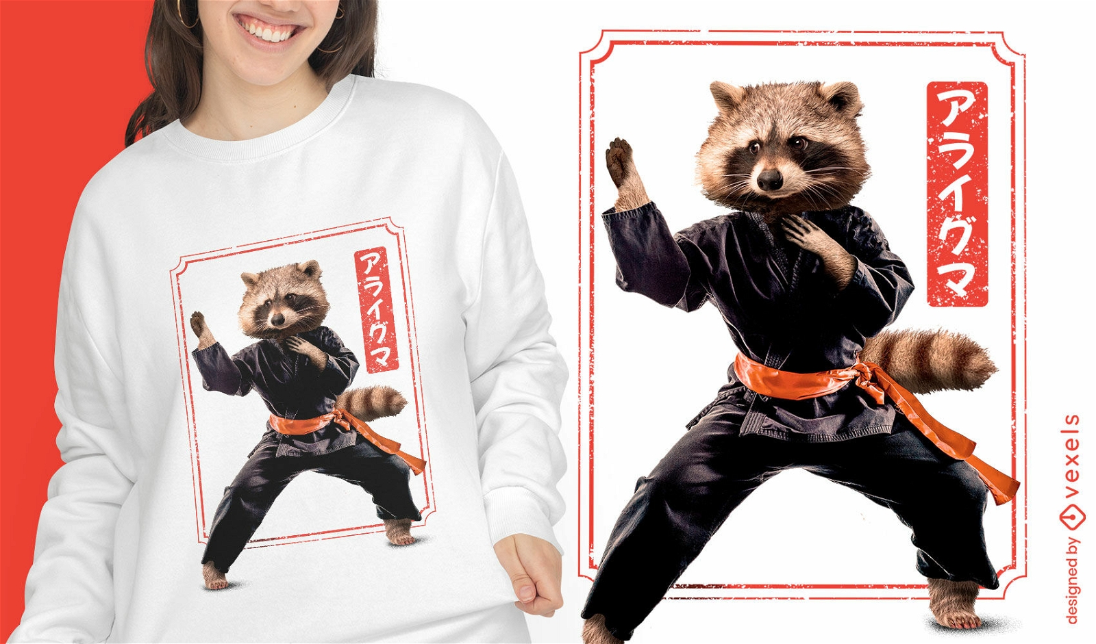 Diseño de camiseta de artes marciales de animales de mapache.