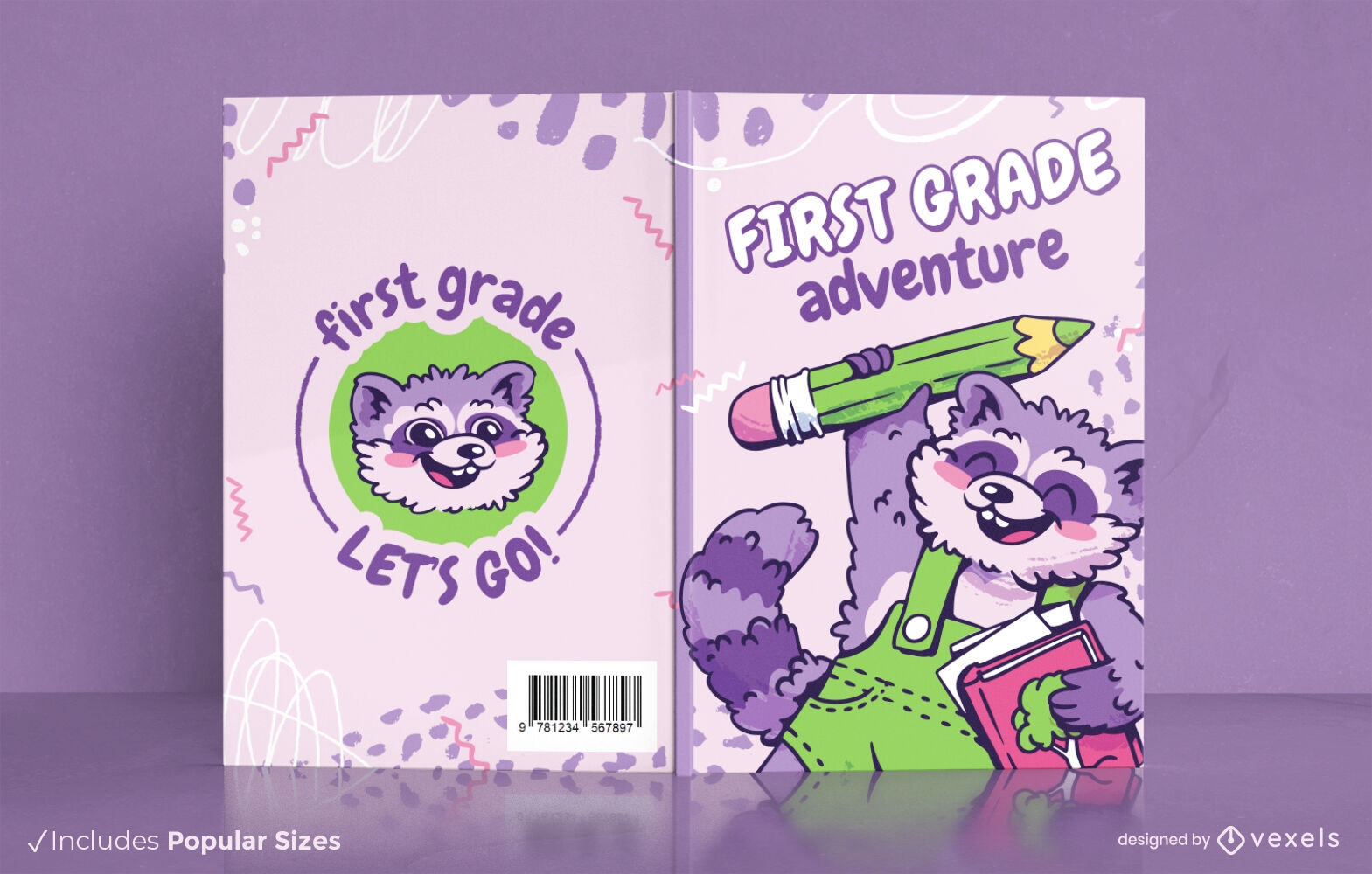Diseño de portada de libro de estudiante de mapache feliz