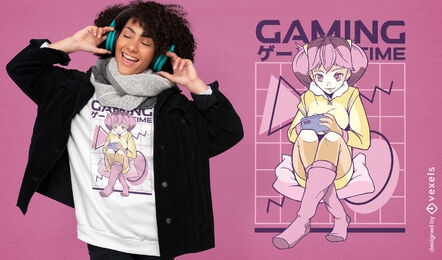 Pink hair anime gamer girl t-shirt design