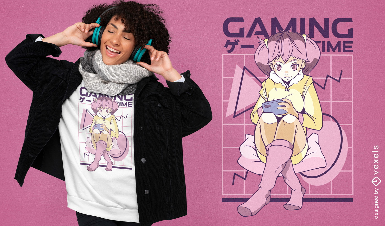 Anime-Gamer-Mädchen-T-Shirt-Design mit rosa Haaren