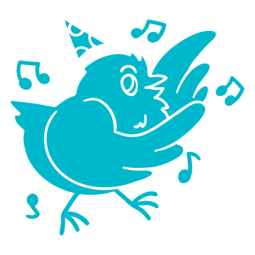 Pájaro azul con gorro de fiesta y notas musicales. Diseño PNG