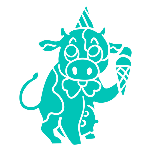 Vaca con gorro de fiesta sosteniendo un cono de helado Diseño PNG