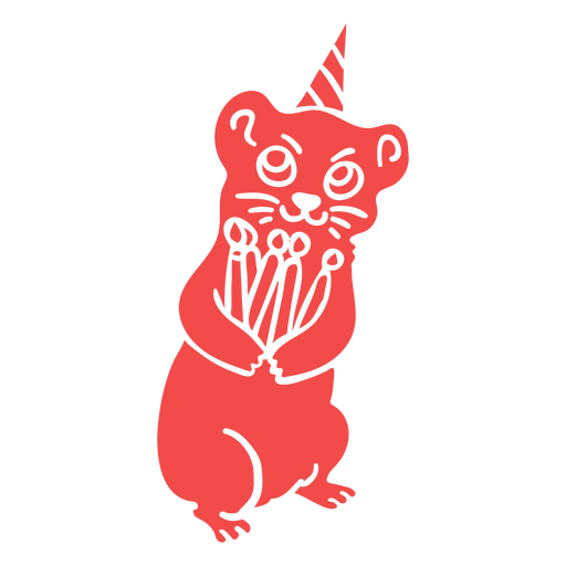 Rato vermelho com um chapéu de aniversário segurando um bolo de aniversário Desenho PNG