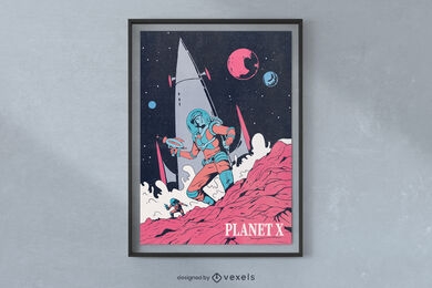Astronauta en planeta en diseño de cartel espacial.
