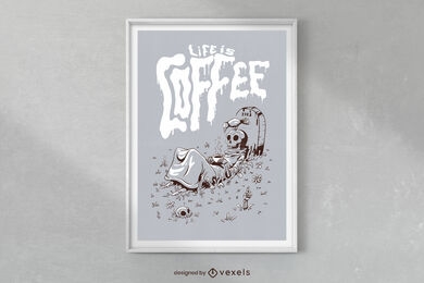 Design de cartaz de esqueleto bebendo café