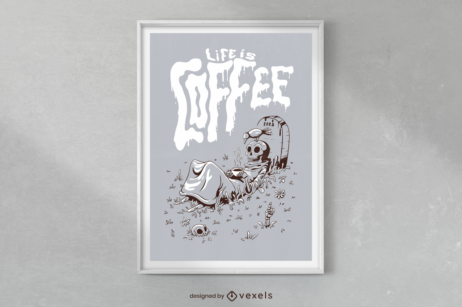 Design de cartaz de esqueleto bebendo café