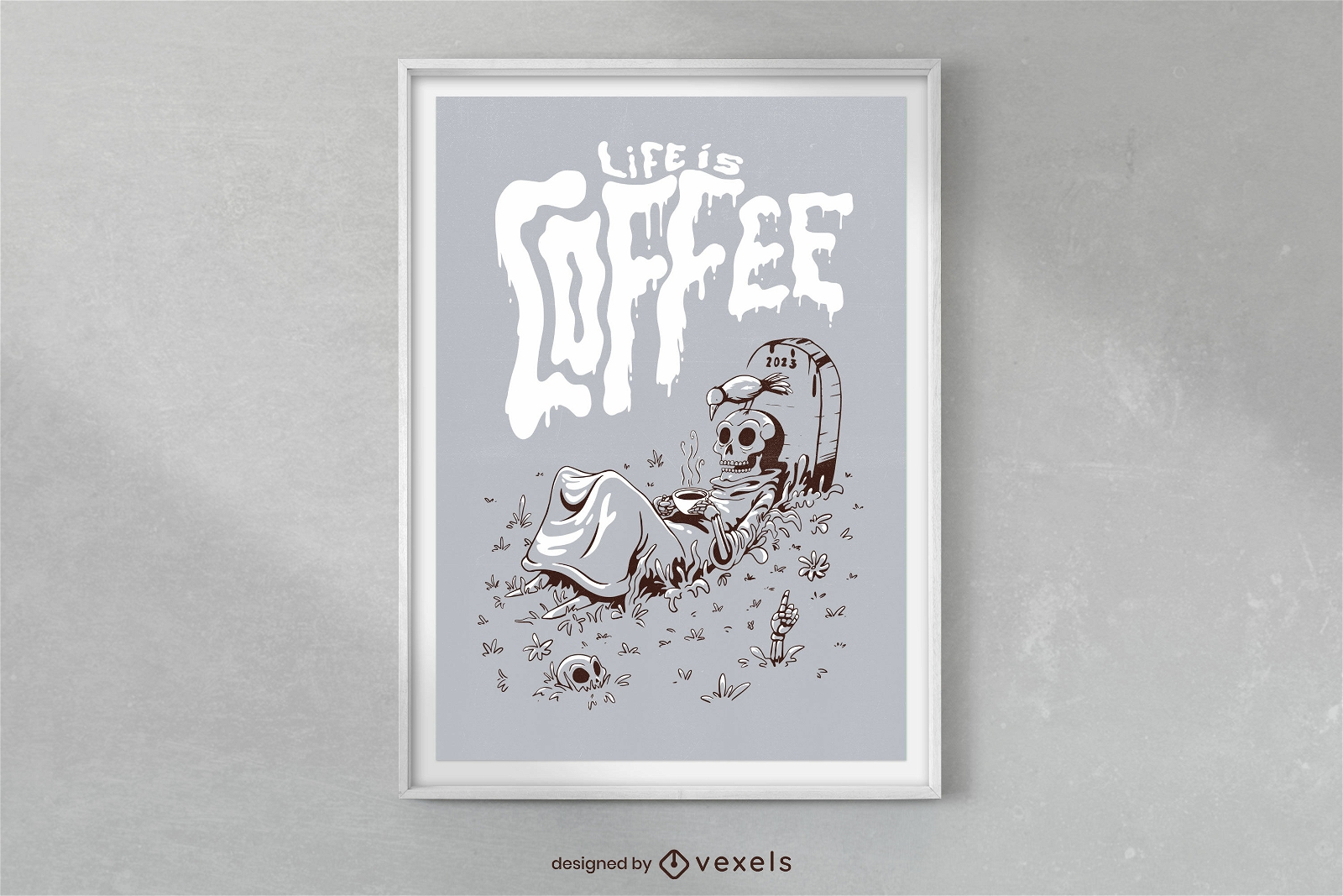 Diseño de cartel de esqueleto bebiendo café.
