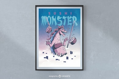 Design de cartaz de monstro de dragão de sushi de fantasia