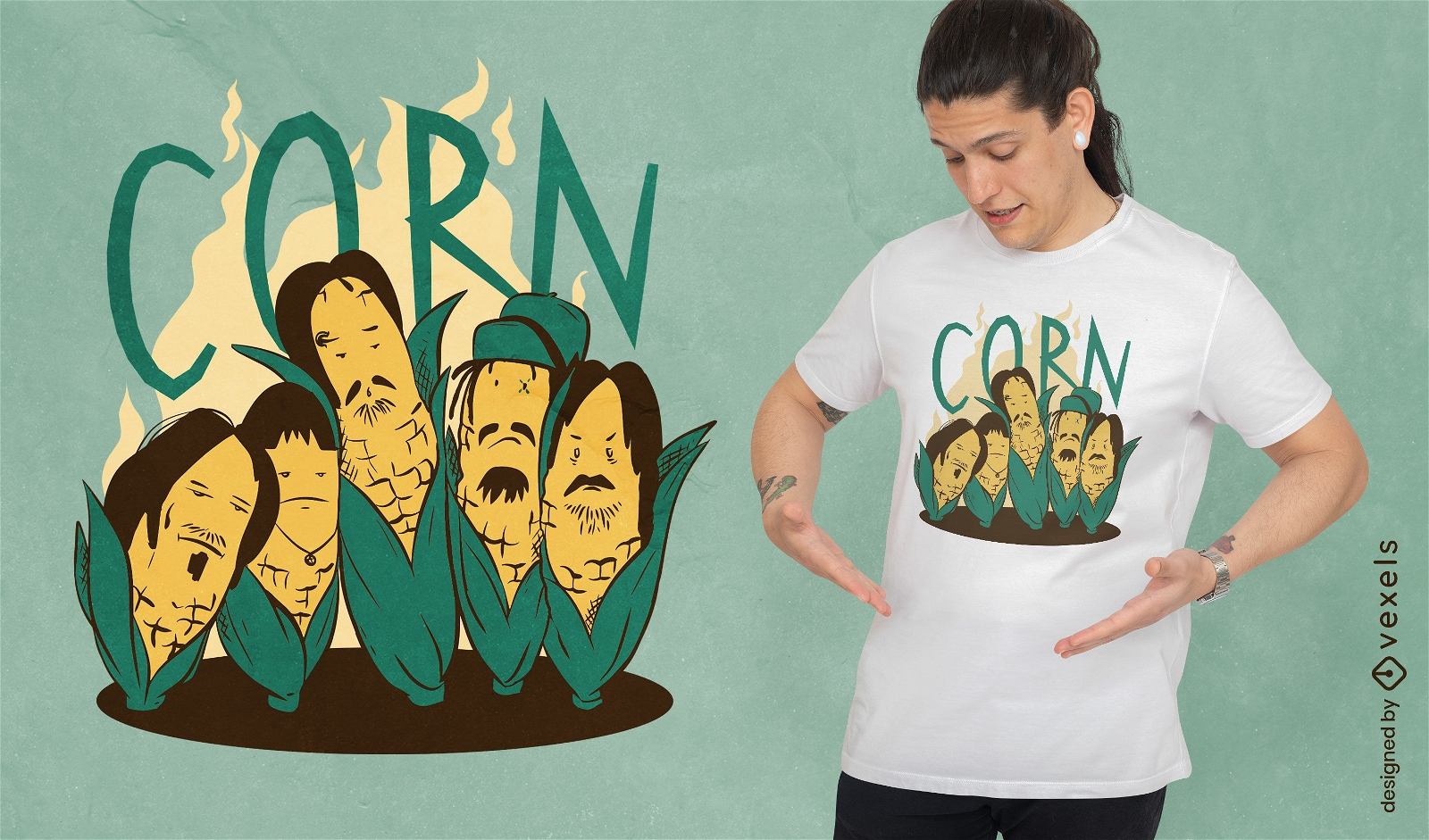 Diseño de camiseta de verduras de maíz con caras.