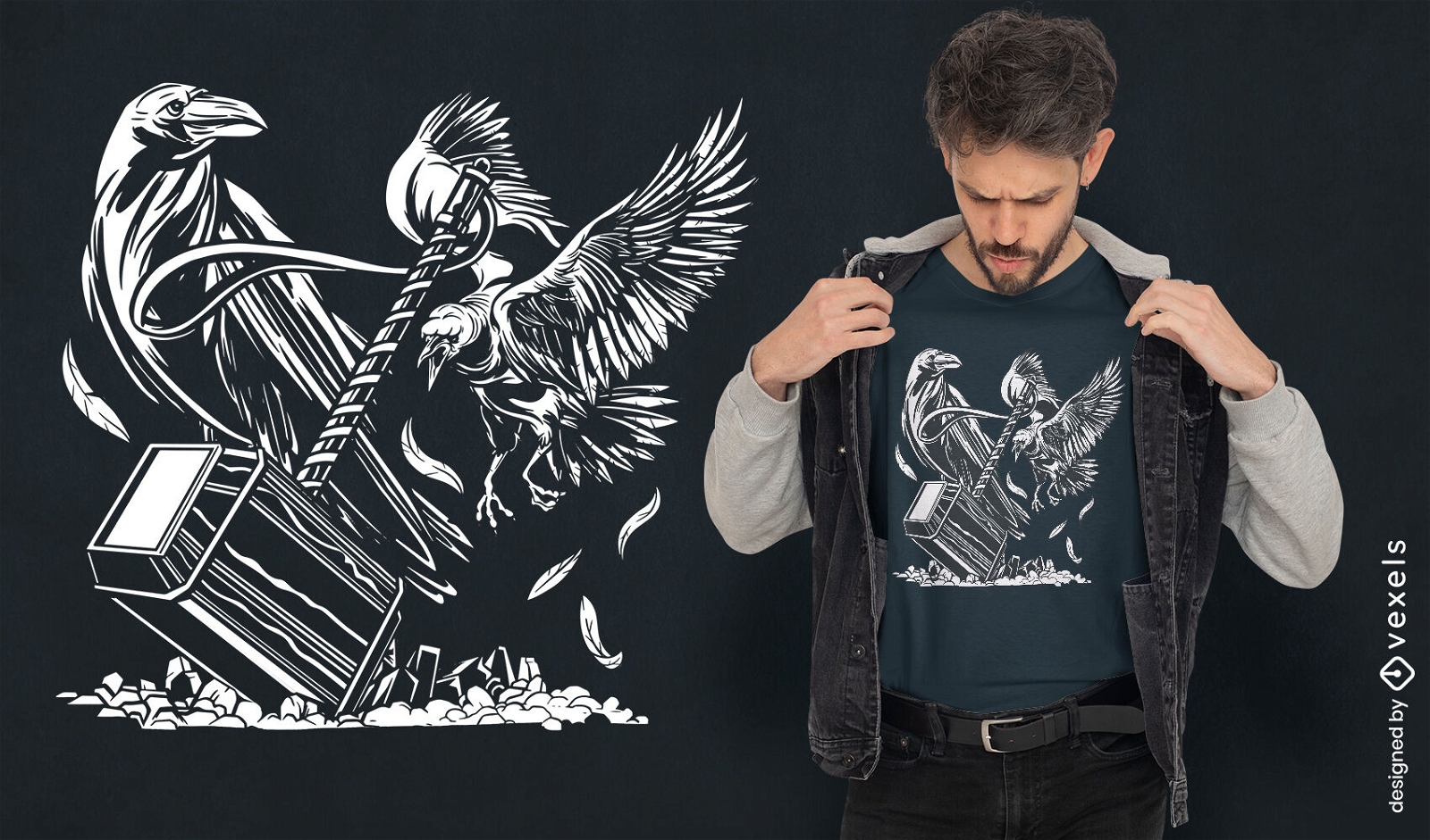 Design de camiseta de pássaros de martelo e corvo