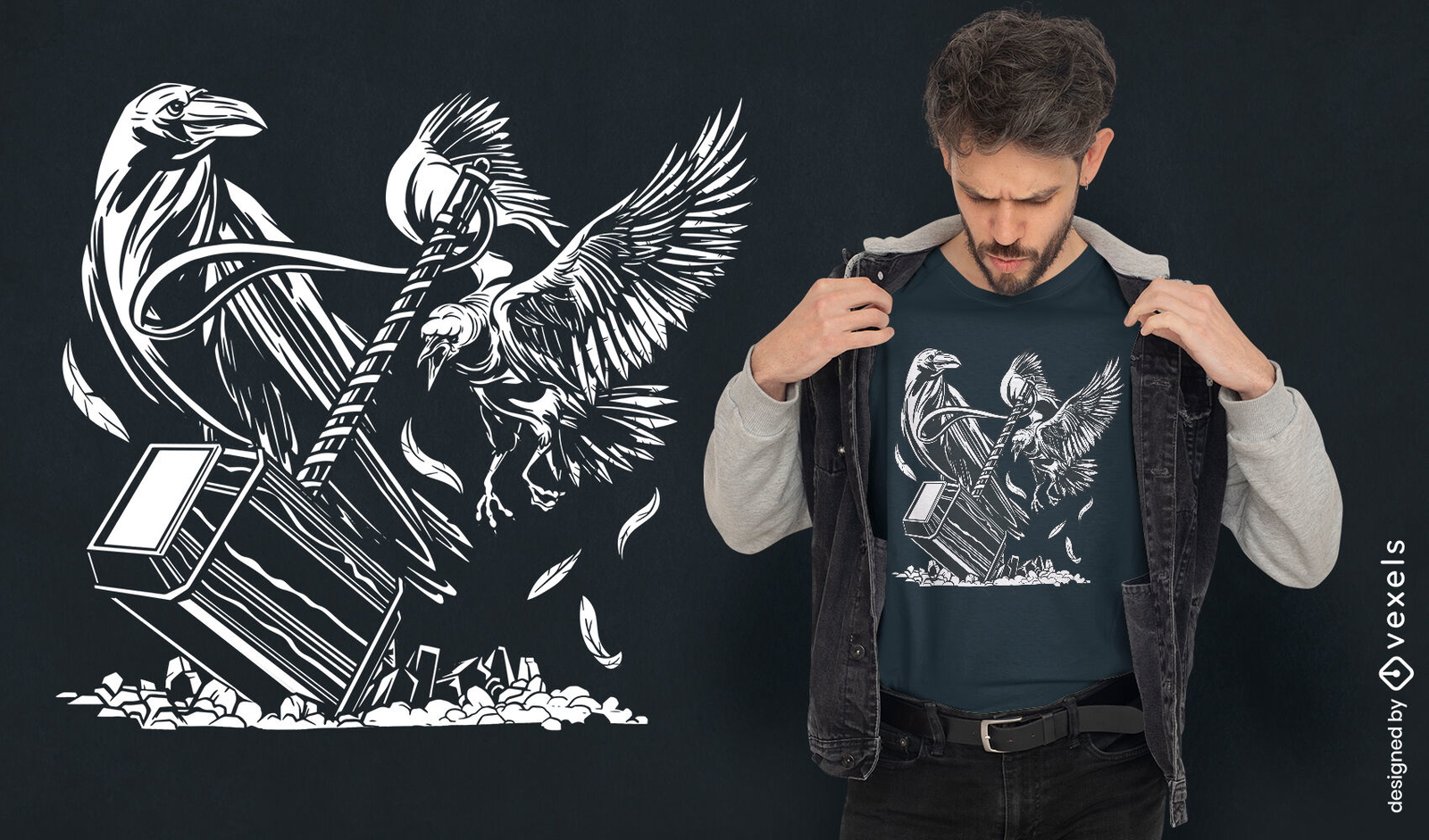 Design de camiseta de pássaros de martelo e corvo