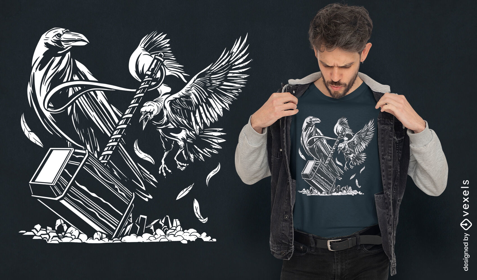 Diseño de camiseta de pájaros martillo y cuervo.